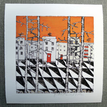 Load image into Gallery viewer, Stor stad med orange himmel